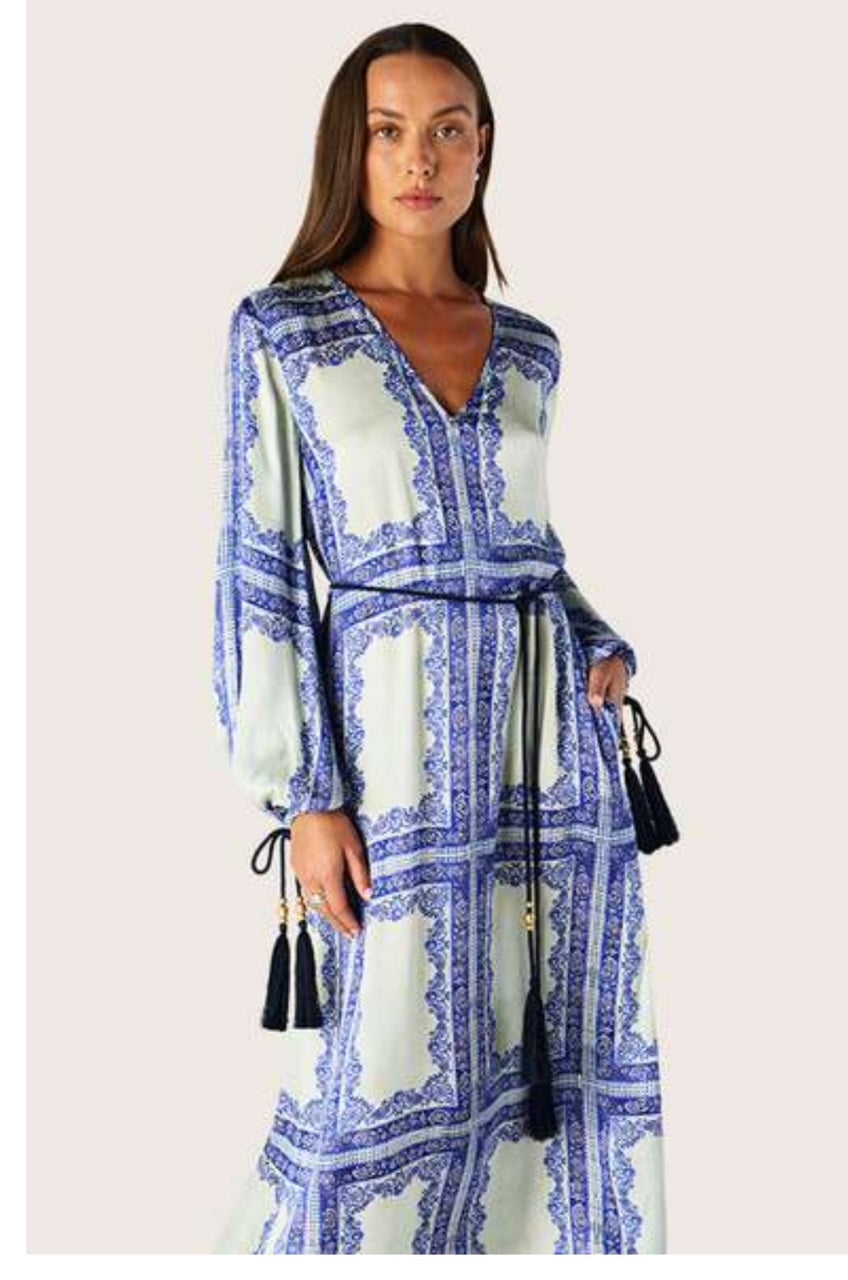 Jordi Long Sleeve Maxi Dress - Blue Jordi Print