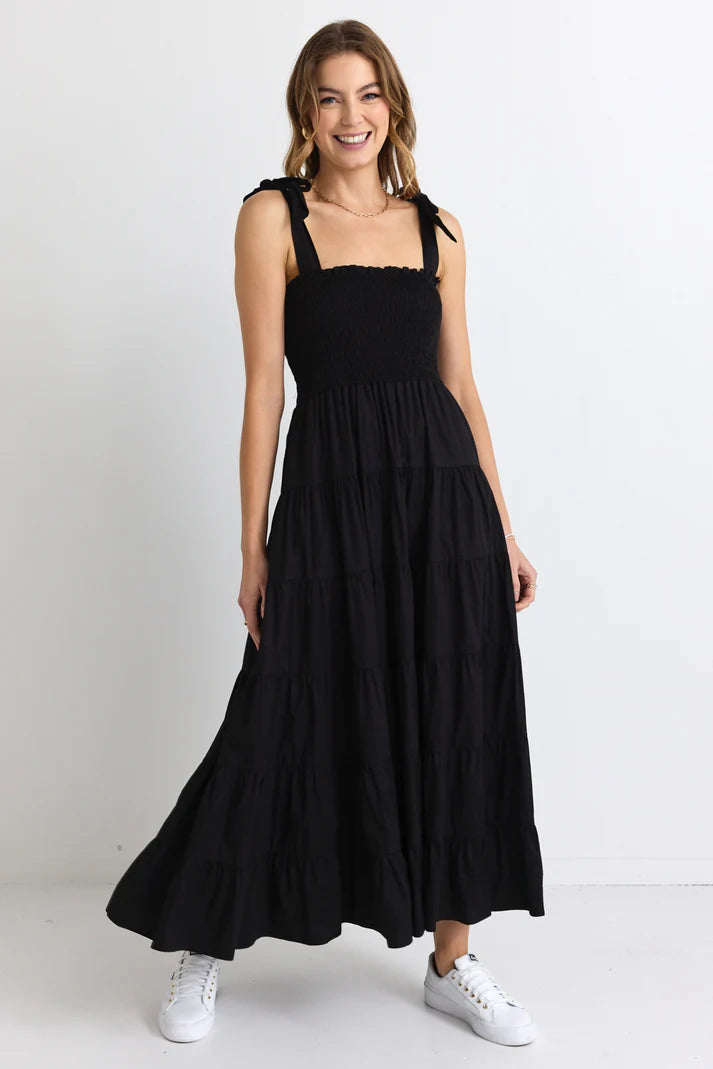 Isabella Black Cotton Poplin Strappy Tiered Maxi Dress- Ivy+Jack
