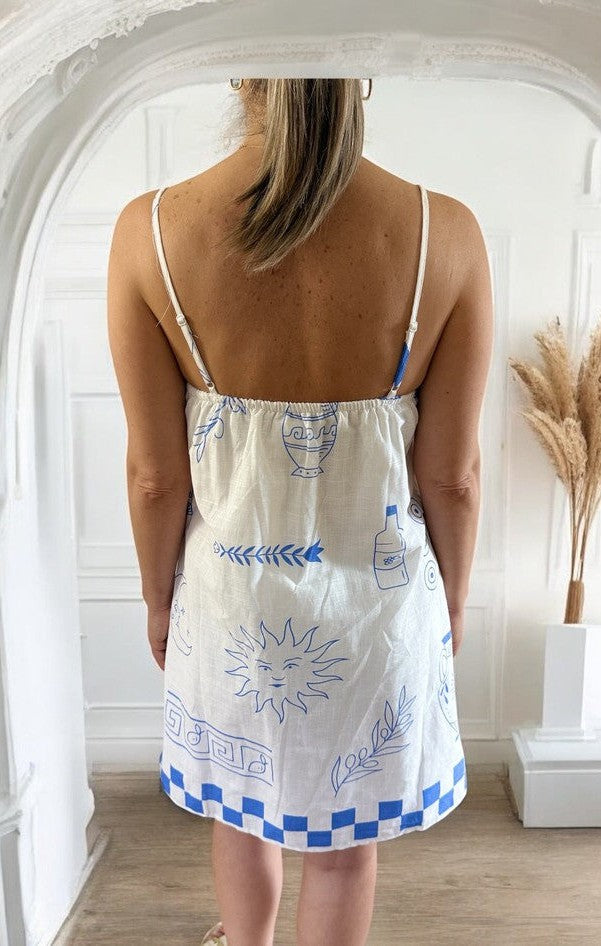 White/Blue Greek Sun Mini Dress LINEN