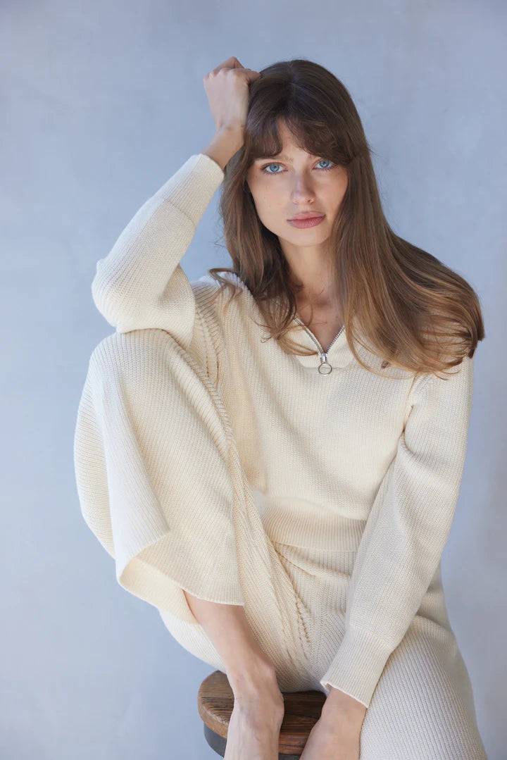 Eline Knit Quarter Zip Polo - Cream