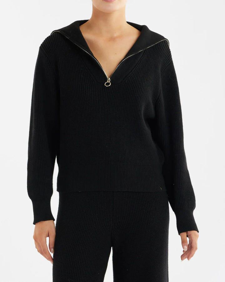 Eline Knit Quarter Zip Polo - Black