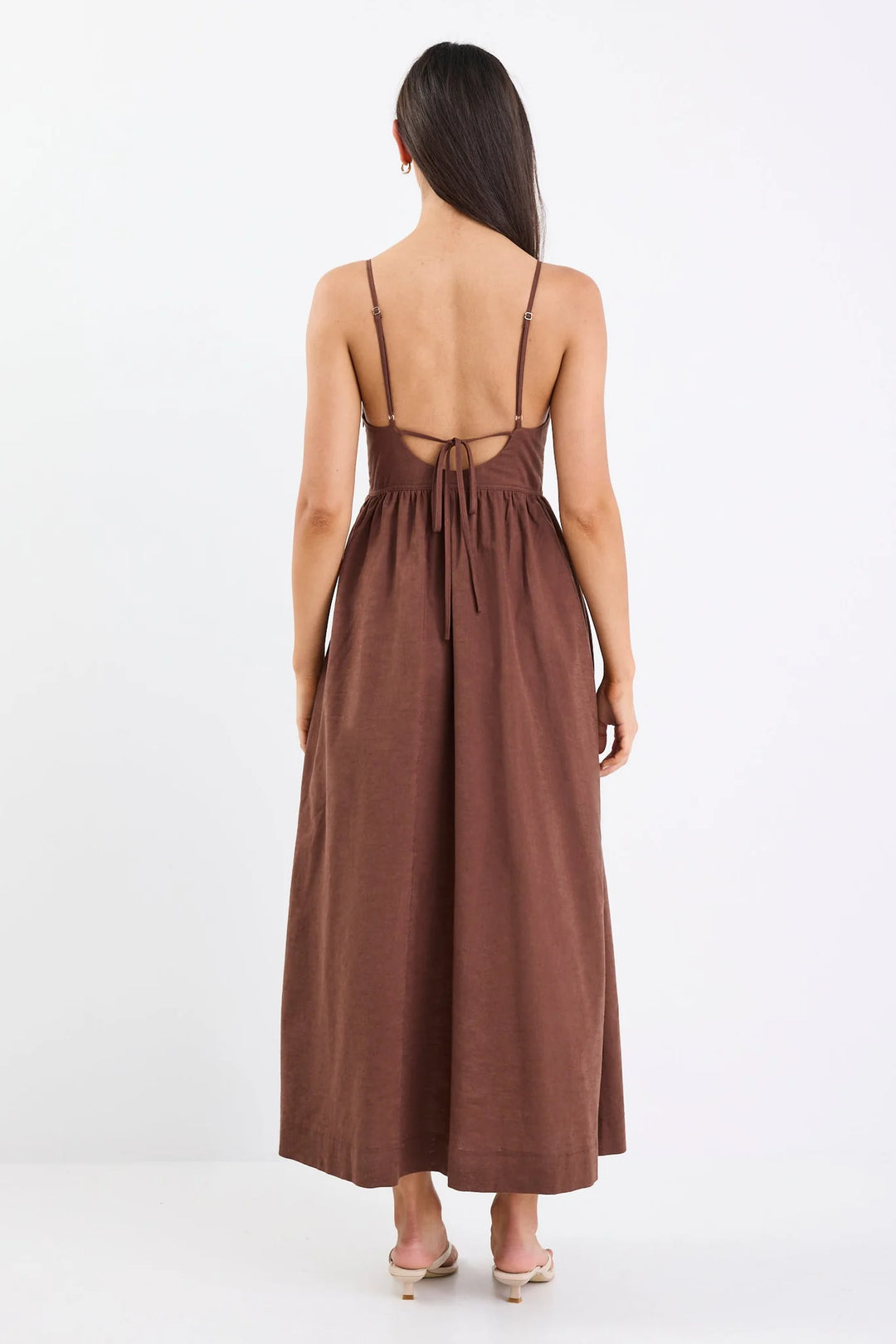Heart Chocolate Linen Blend Strappy Midi Dress