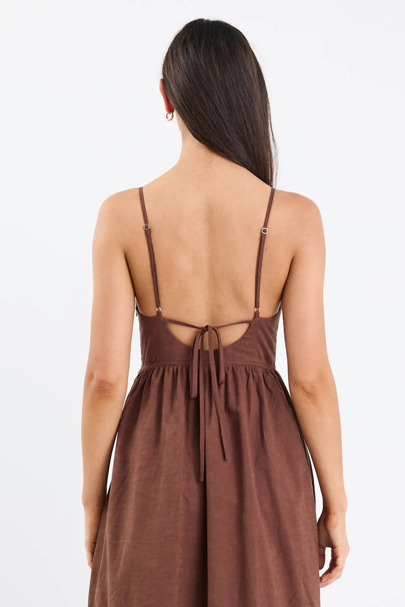 Heart Chocolate Linen Blend Strappy Midi Dress
