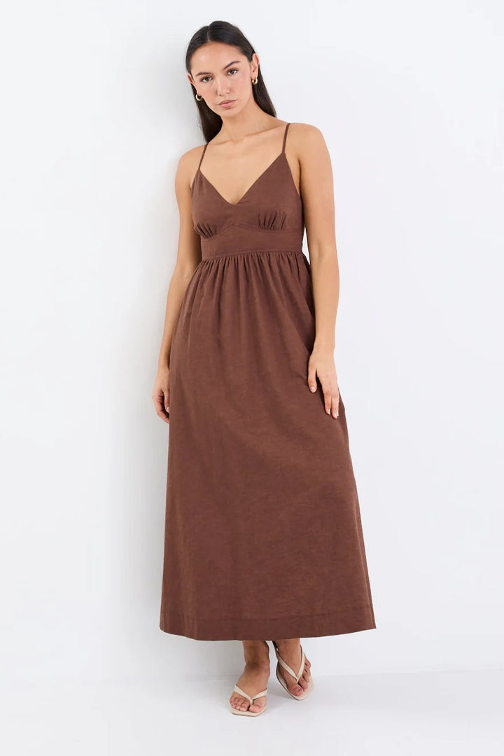 Heart Chocolate Linen Blend Strappy Midi Dress