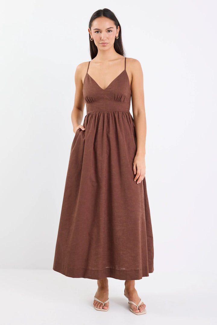 Heart Chocolate Linen Blend Strappy Midi Dress