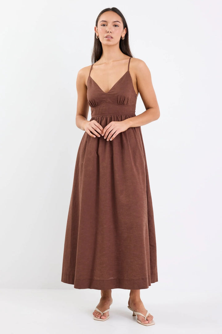Heart Chocolate Linen Blend Strappy Midi Dress
