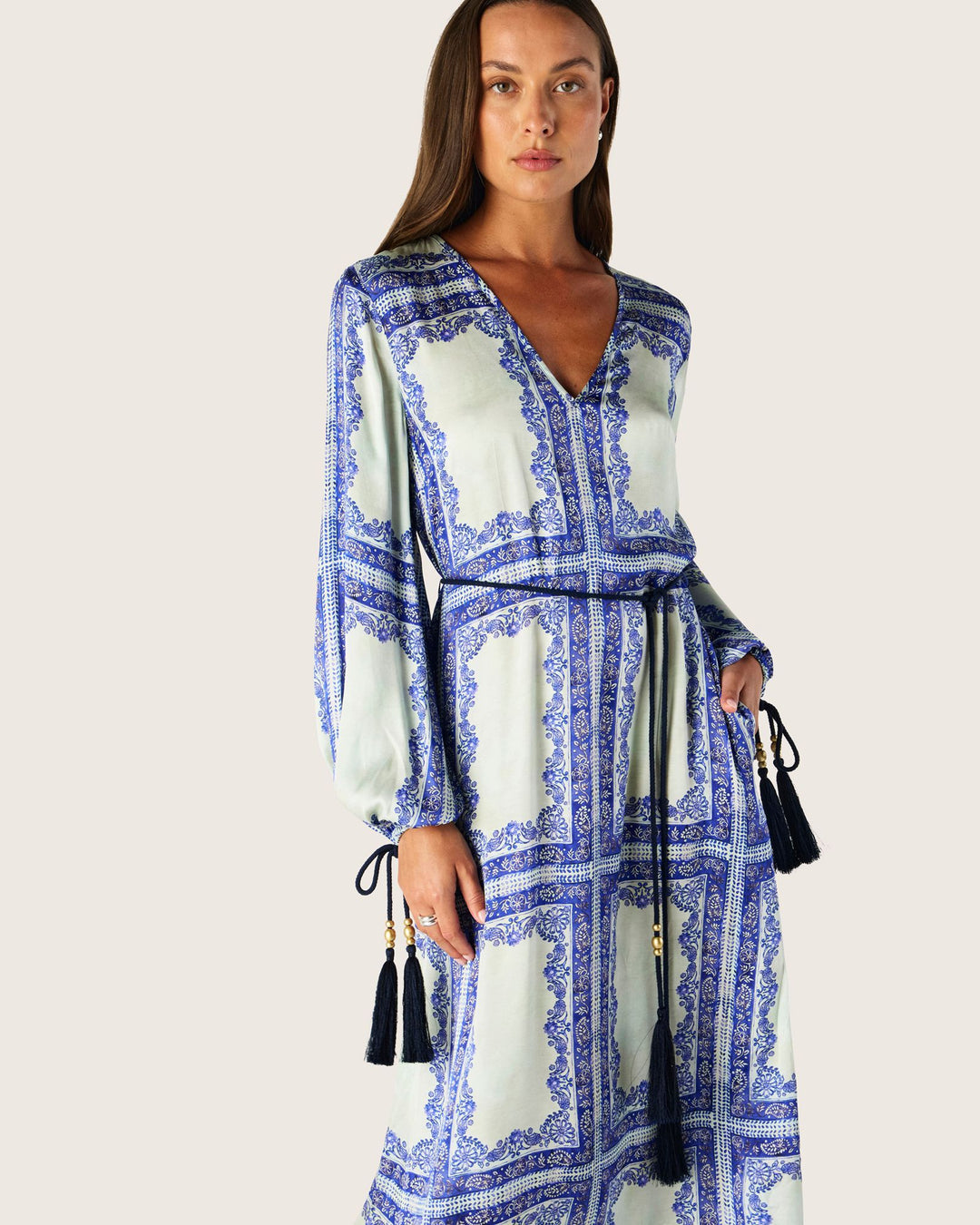 Jordi Long Sleeve Maxi Dress - Blue Jordi Print