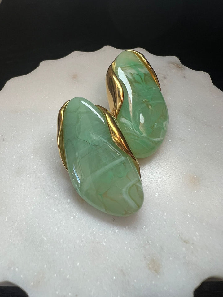 Gold/Green Glass Stone Earrings - Large