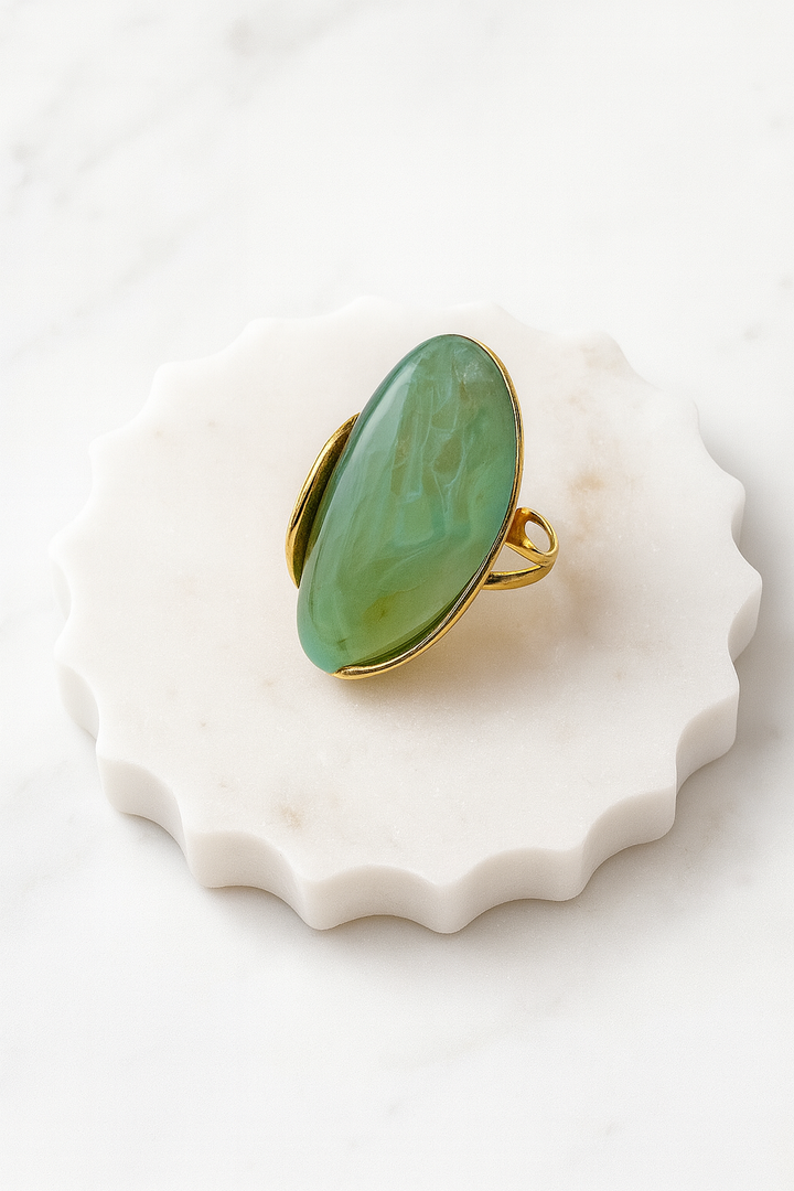 Gold/Green Glass Stone Ring - Large