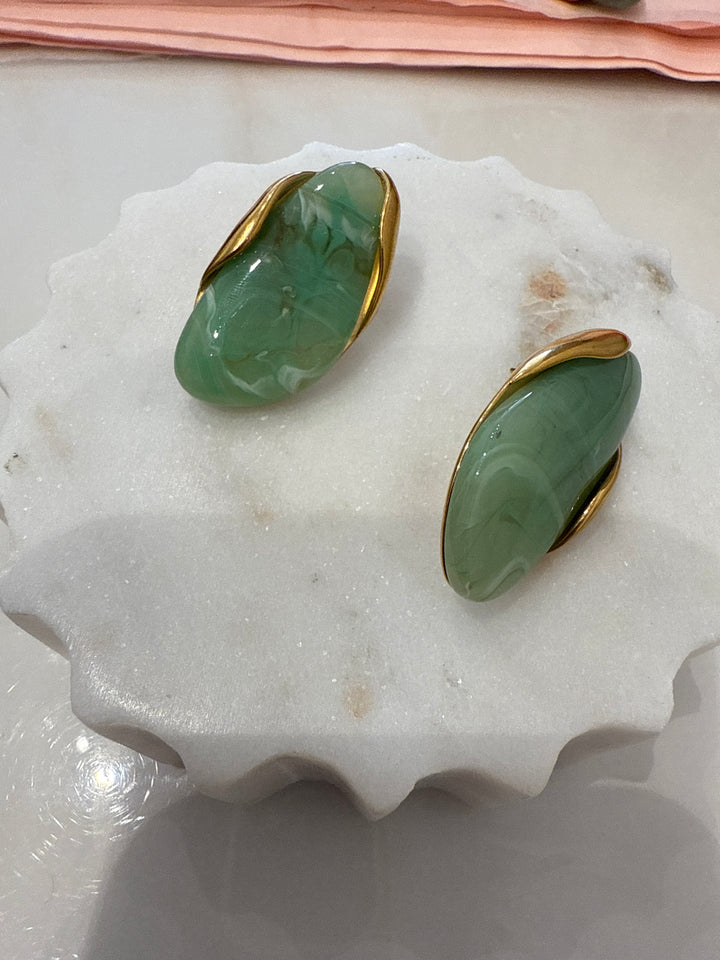 Gold/Green Glass Stone Earrings - Large