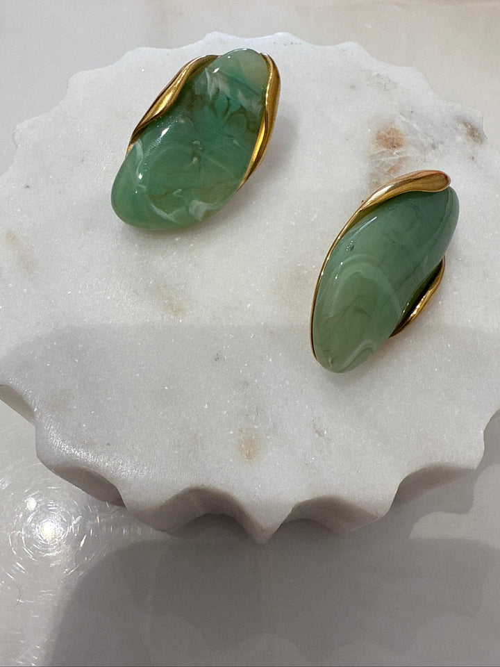 Gold/Green Glass Stone Earrings - Large