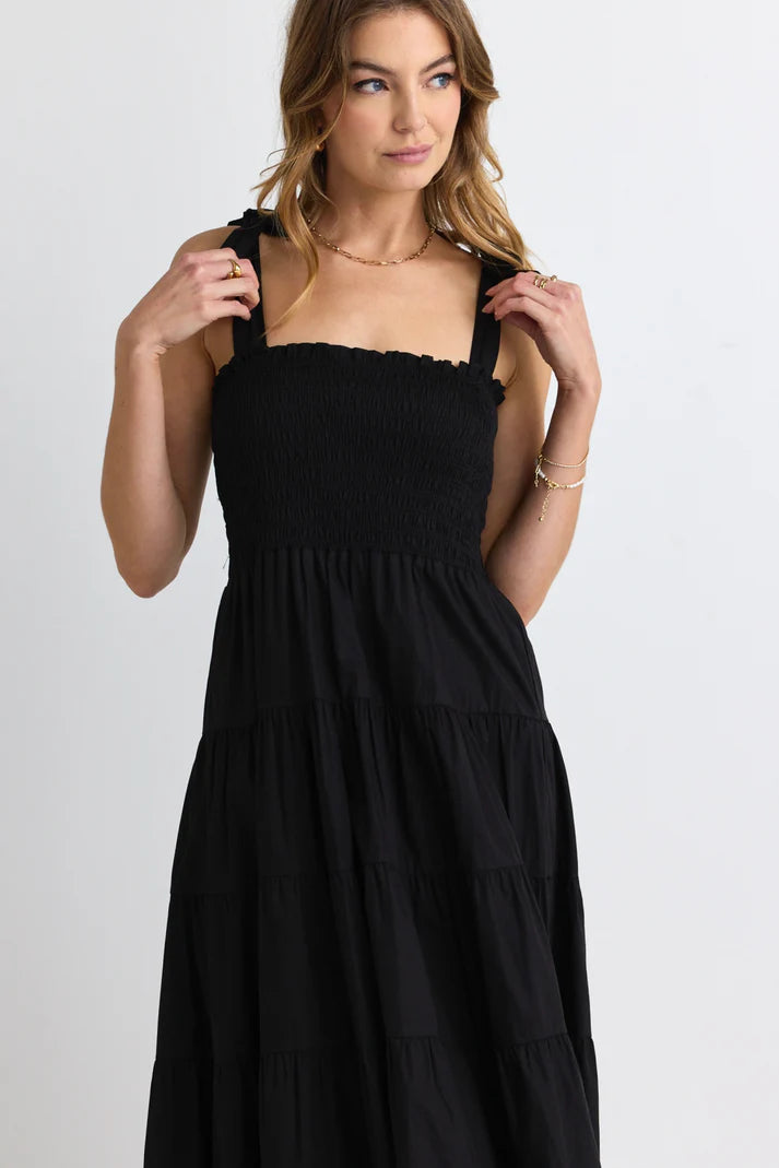 Isabella Black Cotton Poplin Strappy Tiered Maxi Dress