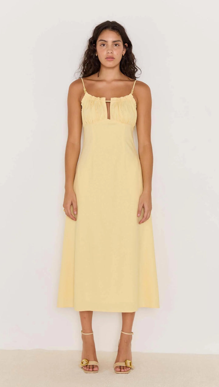Butter Yellow Linen Bias Cut Midi Dress