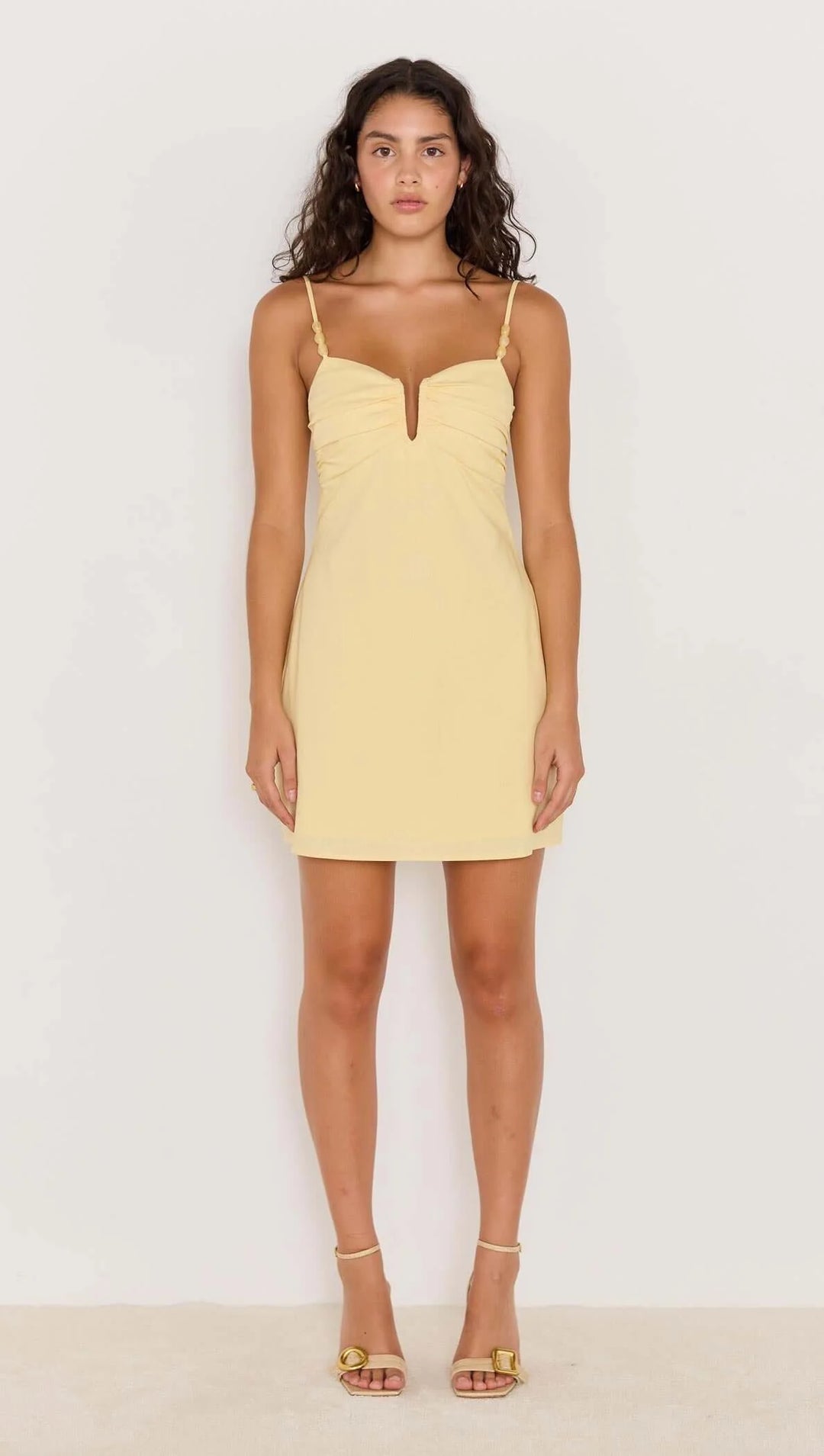 Butter Yellow Linen Mini Dress With Bead Detail