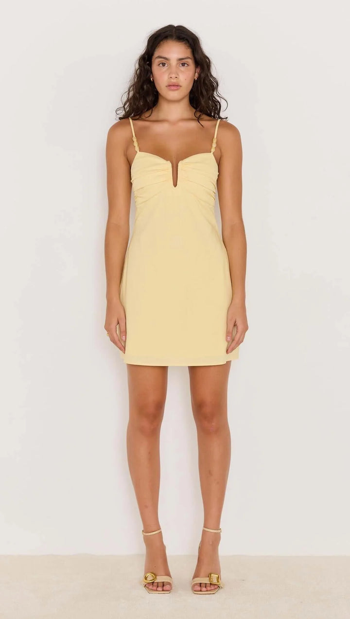 Butter Yellow Linen Mini Dress With Bead Detail