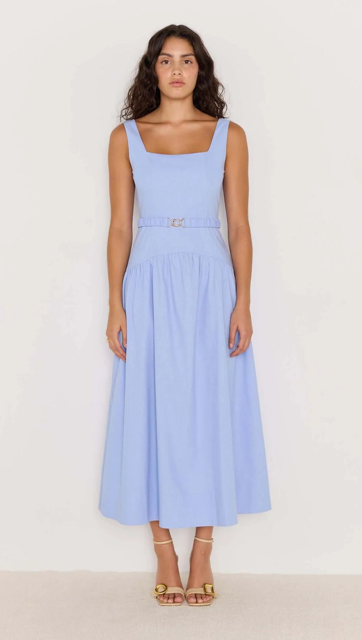 Sky Blue Drop Waist Belted Midi Dress