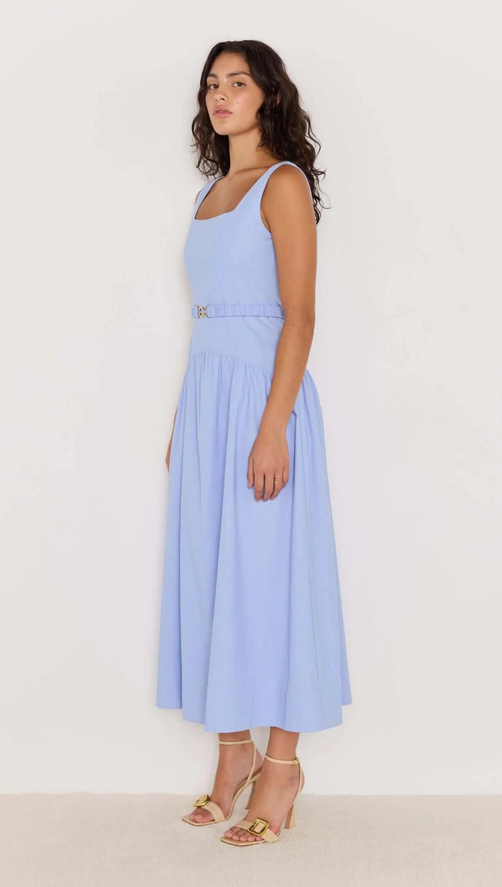 Sky Blue Drop Waist Belted Midi Dress