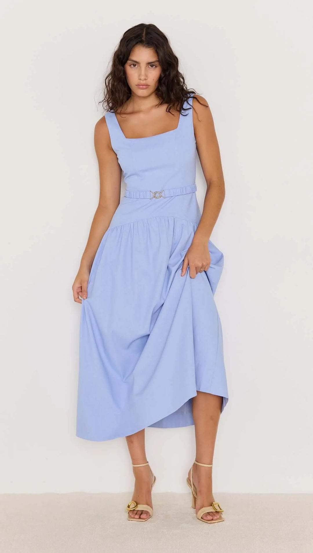 Sky Blue Drop Waist Belted Midi Dress