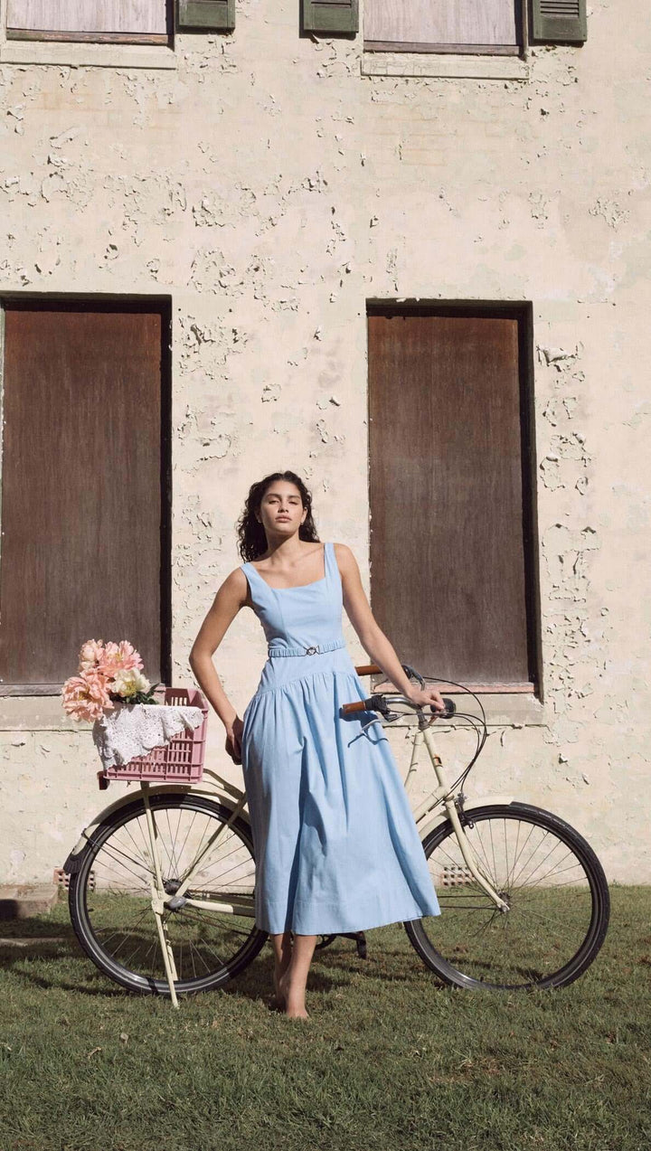 Sky Blue Drop Waist Belted Midi Dress