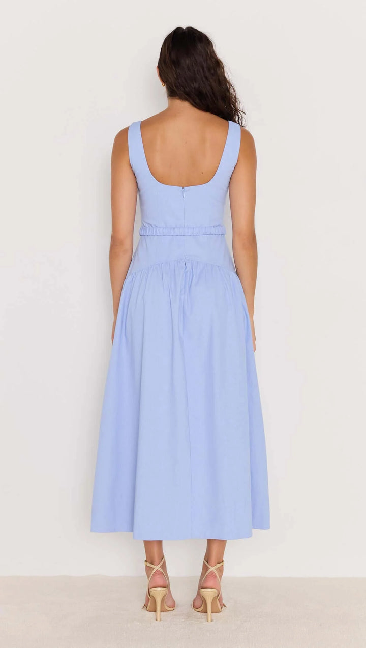 Sky Blue Drop Waist Belted Midi Dress
