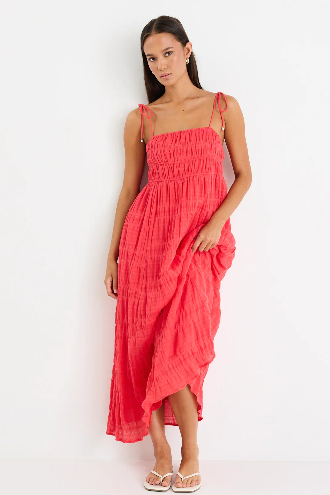 Offshore Poppy Shirred Cotton Strappy Maxi Dress