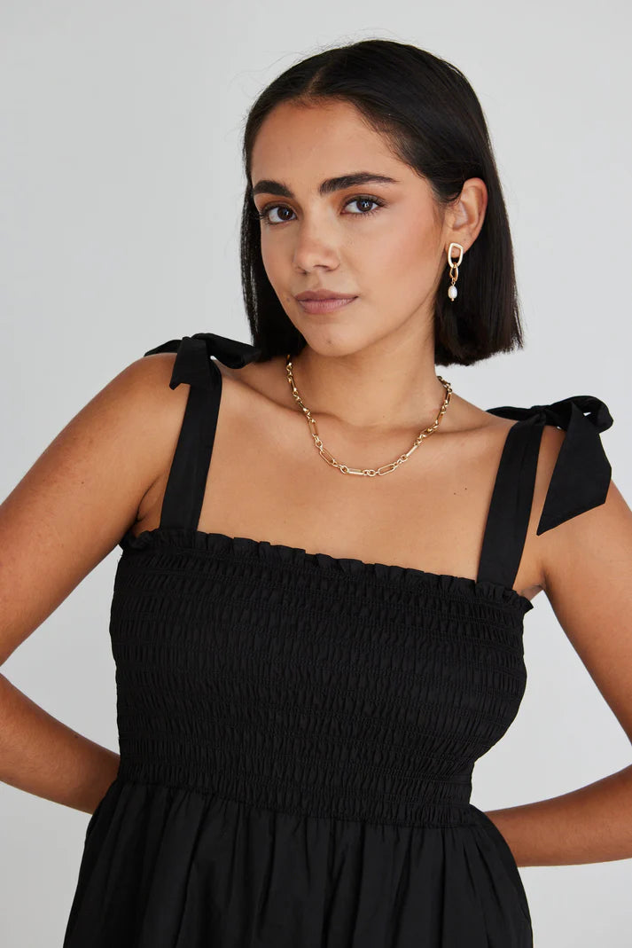 Arabella Black Poplin Shirred Tie Strappy Mini Dress