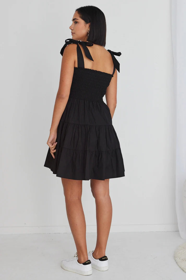 Arabella Black Poplin Shirred Tie Strappy Mini Dress