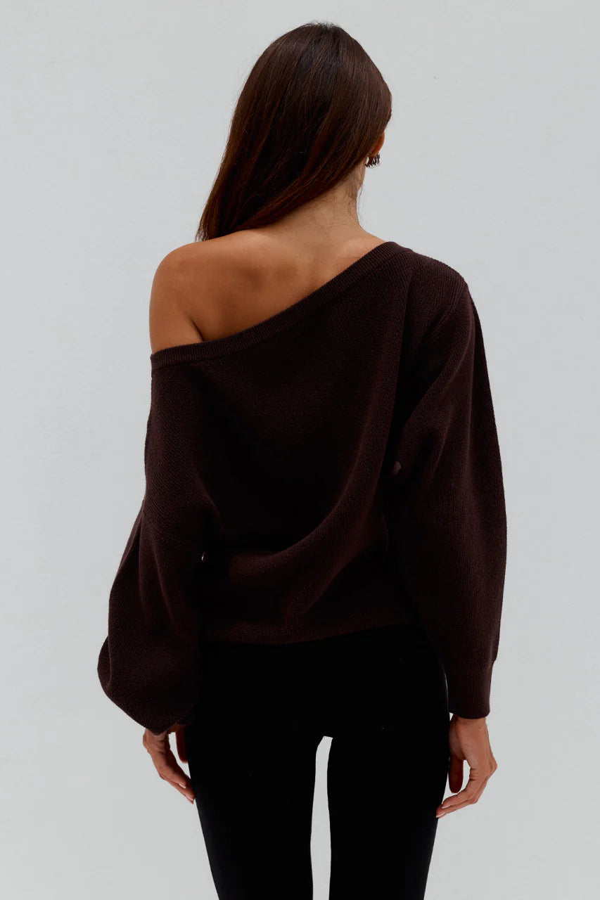 Dionne Off Shoulder Knit Sweater - Chocolate