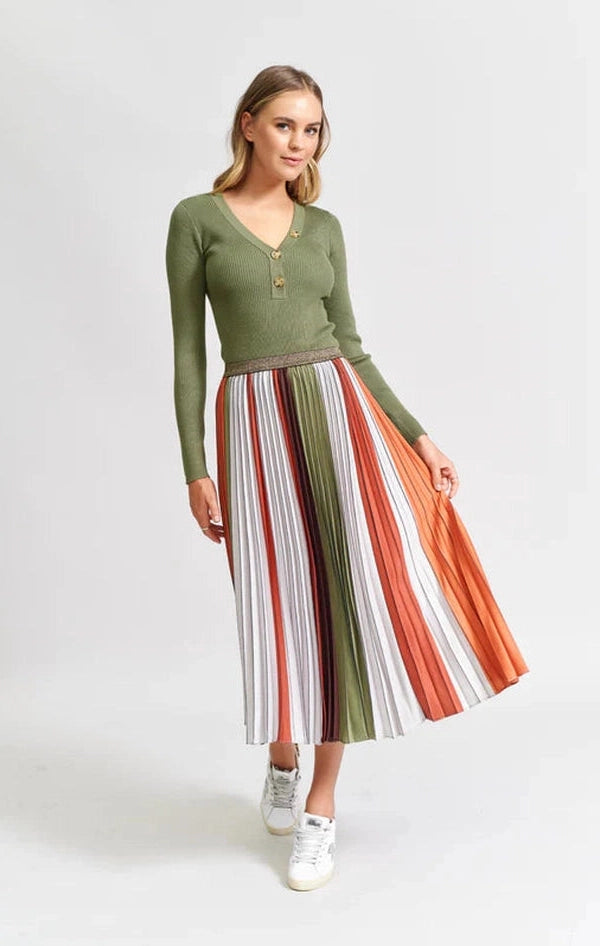 The Sunray Pleat Skirt - Khaki Bone Lines