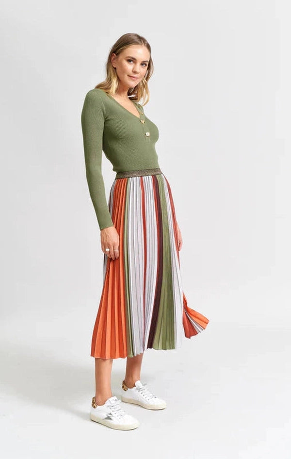 The Sunray Pleat Skirt - Khaki Bone Lines