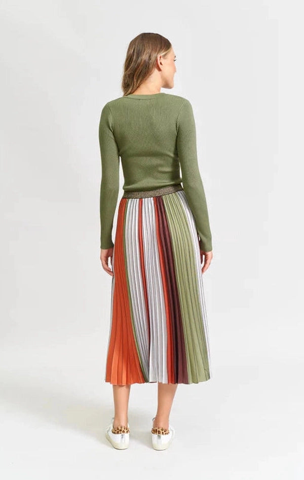 The Sunray Pleat Skirt - Khaki Bone Lines