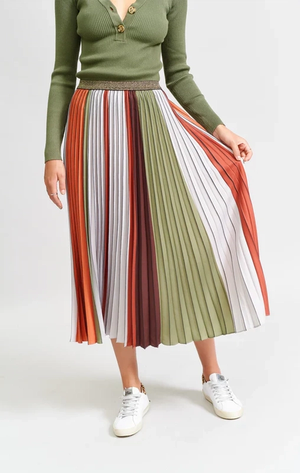 The Sunray Pleat Skirt - Khaki Bone Lines